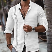 abordables Vacaciones-Hombre Camisa camisa de lino Camisa Guayabera Camisa con cuello mao Camisa de verano Ropa de playa Vacaciones Maldición Negro Blanco Rosa Azul Piscina Manga Larga Cuello Mao Primavera verano Ropa