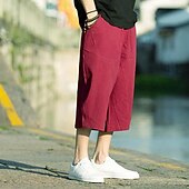 baratos Retrô-Homens Calças de linho Calças Capri Calça verão Calças de praia Bolsos Com Cordão Cintura elástica Tecido Conforto Respirável Comprimento da panturrilha Férias Diário Feriado Havaiana Boho Preto