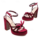 abordables Occasionnel-sandales à talons hauts en velours rouge pour femmes – chaussures de soirée élégantes avec bride à la cheville et nœud pour soirée, mariage et occasions spéciales