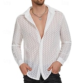 economico camicia da uomo con bottoni-Per uomo Camicia Camicia estiva Camicia a rete Camicia trasparente Camicetta trasparente Nero Bianco Manica lunga Liscio Bavero Hawaiano Per eventi Retato Abbigliamento Di tendenza Informale Comodo