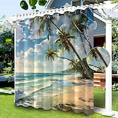 preiswerte Wasserdichte Vorhänge-Wasserdichter Outdoor Vorhang Sichtschutzvorhang für den Außenbereich, Schiebevorhänge für die Terrasse, Pergola mit Ösen, Strand-Palmen-Landschaft für Pavillon, Balkon, Veranda, Party, 1 Panel