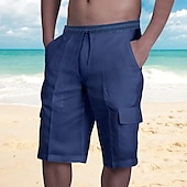 baratos Clássico-Homens Bermuda Cargo Calção Shorts de linho Shorts de verão Shorts de praia Com Cordão Cintura elástica Bolso multi Tecido Comprimento do joelho Praia Havaiana Casual Preto Branco Sem Elasticidade