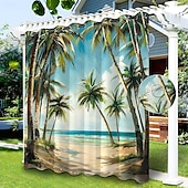 preiswerte Wasserdichte Vorhänge-Wasserdichter Outdoor Vorhang Sichtschutzvorhang für den Außenbereich, Schiebevorhänge für die Terrasse, Pergola mit Ösen, Strand-Palmen-Landschaft für Pavillon, Balkon, Veranda, Party, 1 Panel