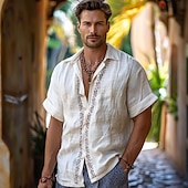 cheap Men&#039;s Elite Shirts-Men&#039;s Solid Color Linen Shirt Casual Shirt Button Up Shirt Short Sleeve Vacation Daily Sports &amp; Outdoors Causal Athleisure Turndown Buttons White