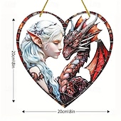 billige veggskulpturer-dragejente hjerteformet akrylskilt - solfanger  &amp; skygge farget glass vindu hengende perfekt gave til mor  &amp; venner fargerik veggkunst for hageveranda hjemmeinnredning (8x8cm)