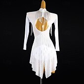 voordelige Latin danskleding-Latijnse dans Kleding Strass Kwastje Dames Prestatie Opleiding Lange mouw Hoog Spandex Tule