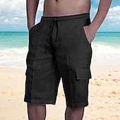 baratos Clássico-Homens Bermuda Cargo Calção Shorts de linho Shorts de verão Shorts de praia Com Cordão Cintura elástica Bolso multi Tecido Comprimento do joelho Praia Havaiana Casual Preto Branco Sem Elasticidade