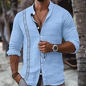 abordables Vacaciones-Hombre Camisa camisa de lino Camisa Guayabera Camisa con cuello mao Camisa de verano Ropa de playa Vacaciones Maldición Negro Blanco Rosa Azul Piscina Manga Larga Cuello Mao Primavera verano Ropa