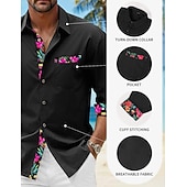  Herren Hemd Leinenhemd Sommerhemd Strandbekleidung Knopfhemd Blumen Urlaub Kreuzfahrt Schwarz Weiß Rosa Blau Langarm Revers Frühling & Herbst Bekleidung Spleißen