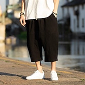 baratos Retrô-Homens Calças de linho Calças Capri Calça verão Calças de praia Bolsos Com Cordão Cintura elástica Tecido Conforto Respirável Comprimento da panturrilha Férias Diário Feriado Havaiana Boho Preto