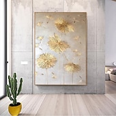 preiswerte Abstrakte Gemälde-handgemaltes 3D-Gemälde mit Löwenzahn und Goldfolie, goldenes Akzentgemälde, Wohnakzentstück, Statement-Gemälde, Hotelwandgemälde, Blattgold-Gemälde mit Wildblumen, gerollte Leinwand (ohne Rahmen).