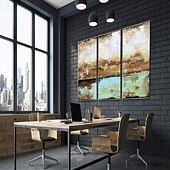 baratos Pinturas Abstratas-grande artesanal bege turquesa paisagem pintura em folha de ouro pinturas a óleo tríptico abstratas feitas à mão sobre tela arte de parede de grandes dimensões ste de 3 pintura a óleo para sala de