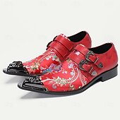cheap Premium Leather Loafers-Men&#039;s Premium Cowhide Leather Punk Style Monk Strap Shoes - Red Floral Embroidered Double Buckle Slip-On with Metal Toe Cap