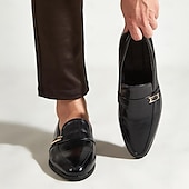 Χαμηλού Κόστους Ημιεπίσημο-ανδρικά μαύρα loafers από ψεύτικο δέρμα – slip-on dress παπούτσια με μεταλλική προφορά για επαγγελματικούς, γραφείο και επίσημες περιστάσεις