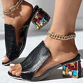 economico Infradito da Vacanza-sandali bianchi da donna con punta aperta e stampa coccodrillo – eleganti tacchi a blocco slip-on con decorazioni in strass colorati per feste ed estate