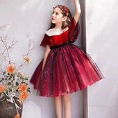 cheap Flower Girl&#039;s Dresses-Kids Girls&#039; Flower Girl Dress Party Dress Solid Color Short Sleeve Performance Wedding Party Mesh Princess Sweet Mesh Mid-Calf Sheath Dress Tulle Dress Summer Spring Fall 2-12 Years Red Green