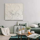billiga Blom- och växtmålningar-3d stor handmålad vit blomma oljemålning på duk handgjord akrylmålning handgjord tung texturerad målning abstrakt landskap oljemålning väggkonst blommig väggdekor målning