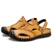 cheap Vacation Sandals-Men&#039;s Sandals Handmade Shoes Walking Casual Preppy Beach Outdoor Daily PU Breathable Comfortable Slip Resistant Slip-on Light Brown Dark Brown Black Summer Fall