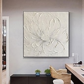 billiga Blom- och växtmålningar-3d stor handmålad vit blomma oljemålning på duk handgjord akrylmålning handgjord tung texturerad målning abstrakt landskap oljemålning väggkonst blommig väggdekor målning