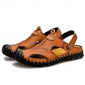 cheap Vacation Sandals-Men&#039;s Sandals Handmade Shoes Walking Casual Preppy Beach Outdoor Daily PU Breathable Comfortable Slip Resistant Slip-on Light Brown Dark Brown Black Summer Fall
