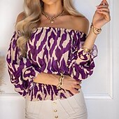 cheap Sexy Tops-Women&#039;s Shirt Blouse Casual Print Long Sleeve Regular Tops Off Shoulder Daily Purple Spring &amp; Summer