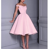 billige Små Hvite Kjoler-A-Line Cocktailkjoler 1950-talls Kjole Bryllup Gjest Graduering Te Lengde Uten Ermer Off Shoulder Høst Bryllup Mottak Satin med Sleek Sløyfe(r) Ren Farge