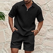 cheap Men&#039;s Basic Tees sets-Men&#039;s Waffle Henley Shirt T-shirt Suits Tracksuit Tennis Shirt Short Sleeves Polo Collar Summer Solid Color Drawing Gymnatics Casual Zipper 2 Piece Vacation Daily Wear Activewear Army Green Black