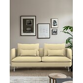 baratos Cobertura de Sofa-Capa de Sofá 3 Lugares Cor Sólida com Almofadas Revestidas em Algodão 100% com Braços