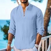 economico camicia da uomo con bottoni-Per uomo Camicia Camicia estiva Abbigliamento mare Camicia con bottoni Maglietta informale Camicia con colletto a fascia Nero Bianco Azzurro Manica lunga Liscio A fascia Giornaliero Da mare Splice
