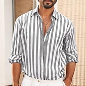 preiswerte Business Casual-Herren Hemd Weißes Baumwollhemd Freizeithemd Baumwoll-Leinen-Hemd Gestreifte Hemden Gestreift Urlaub Hawaiianisch Schwarz Rosa Rote Marineblau Langarm Umlegekragen Frühling &amp; Herbst Bekleidung