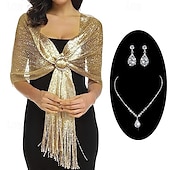cheap Wedding Guest Wraps-Glamorous Metallic Shawls with Tassel Wedding Guest Wraps and Round Buckle - Perfect for Evening Parties &amp; Weddings With Bridal Jewelry Sets 1 set