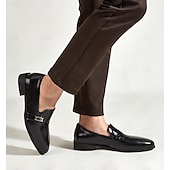 Χαμηλού Κόστους Ημιεπίσημο-ανδρικά μαύρα loafers από ψεύτικο δέρμα – slip-on dress παπούτσια με μεταλλική προφορά για επαγγελματικούς, γραφείο και επίσημες περιστάσεις