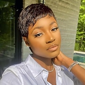 baratos Perucas capless de cabelo natural-Cabelo Humano Peruca Curto Reta natural Corte Pixie Natureza negra Ajustável Riscas Naturais Para Mulheres Negras Fabrico à Máquina Sem Touca Cabelo Brasileiro Mulheres Preto Natural # 1B 6 polegadas