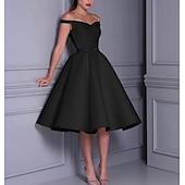 billige Små Hvite Kjoler-A-Line Cocktailkjoler 1950-talls Kjole Bryllup Gjest Graduering Te Lengde Uten Ermer Off Shoulder Høst Bryllup Mottak Satin med Sleek Sløyfe(r) Ren Farge