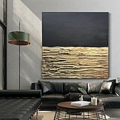 お買い得  油絵-手描きのオリジナルテクスチャーウォールアート、特大の金と黒の抽象アート、豊かな質感のキャンバスアート、抽象モダンアート、金箔の絵画、ホームデコレーション、すぐに掛けられるストレッチフレーム、またはフレームなし