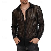 economico camicia da uomo con bottoni-Per uomo Camicia Camicia estiva Camicia a rete Camicia trasparente Camicetta trasparente Nero Bianco Manica lunga Liscio Bavero Hawaiano Per eventi Retato Abbigliamento Di tendenza Informale Comodo