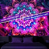 お買い得  ブラックライトタペストリー-マンダラ ボヘミアン ブラックライト タペストリー UV反応性 暗闇で光る 光るパーティー トリッピー 禅 瞑想 霧の自然 吊り下げタペストリー 壁アート リビングルーム 寝室用壁画