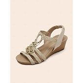 preiswerte Urlaubsandalen-Damen-Keilsandalen im Boho-Stil mit geflochtenen Keilabsätzen und Perlenverzierungen – stilvolle und bequeme offene Schuhe für Sommer, Strand und Freizeit