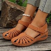 abordables Sandales Décontractées-Sandales compensées rétro pour femmes, couleur unie, bout fermé, chaussures découpées, sandales décontractées à bride arrière, noir, bleu, orange