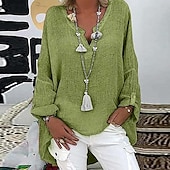voordelige Overhemden-Dames Overhemd Blouse Katoenen linnen overhemden Effen Basic Lange mouw V-hals Lange tops Casual Dagelijks Zwart Wit Blozend Roze Leger Groen blauw Zomer Lente
