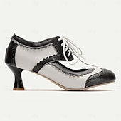 olcso 1950-es évek-vintage oxford fűzős női brogue-sarkú – kéttónusú retro stílusú cipő elegáns virágos talpbetéttel és cicasarokkal formális és hétköznapi alkalmakra
