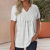 voordelige Stripe &amp; Geometrische t-shirt-Dames Zomer tops Geklede topjes Modieus Stijlvol Korte mouw V-hals Normale tops Vakantie Uitgaan Blozend Roze Grijs Zomer