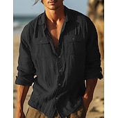 abordables Vacances-Homme Chemise Chemise en lin et coton Chemisette Chemise d'été Tenues de plage Chemise décontractée Chemise boutonnée Plein Vacances Curise Noir Blanche Bleu clair manche longue Revers Printemps été