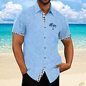 economico Vacanza-Per uomo Camicia camicia di lino Camicia da spiaggia Camicia hawaiana Albero di cocco Da mare Curise Blu Maniche corte Collo ripiegabile Estate Abbigliamento