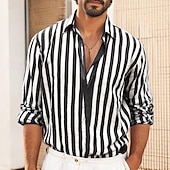preiswerte Business Casual-Herren Hemd Weißes Baumwollhemd Freizeithemd Baumwoll-Leinen-Hemd Gestreifte Hemden Gestreift Urlaub Hawaiianisch Schwarz Rosa Rote Marineblau Langarm Umlegekragen Frühling &amp; Herbst Bekleidung