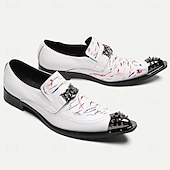 billiga Premium läder Loafers-loafers i punkstil i premiumkoskinn för män - slip-on skor med konstnärligt tryck med dekorativt spänne och spetsad metalltåhätta