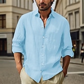 economico Strada-Per uomo Camicia in cotone e lino Semplice Vacanza Nero Bianco Rosa Azzurro cielo Manica Lunga Collo ripiegato Abbigliamento