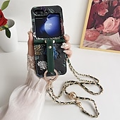 baratos Capa Samsung-telefone Capinha Para Samsung Galaxy Z Virar 6 Z Flip 5 Z Flip 4 Z Flip 3 Capa traseira com cordão com pulseira Slot para cartão TPU Couro PU
