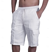 baratos Clássico-Homens Bermuda Cargo Calção Shorts de linho Shorts de verão Shorts de praia Com Cordão Cintura elástica Bolso multi Tecido Comprimento do joelho Praia Havaiana Casual Preto Branco Sem Elasticidade