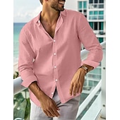preiswerte Urlaub-Herren leinenhemd Sommerhemd Strandbekleidung Lässiges Hemd Knopfhemd Glatt Urlaub Curise Schwarz Weiß Rosa Marineblau Langarm Kargen Frühling Sommer Bekleidung
